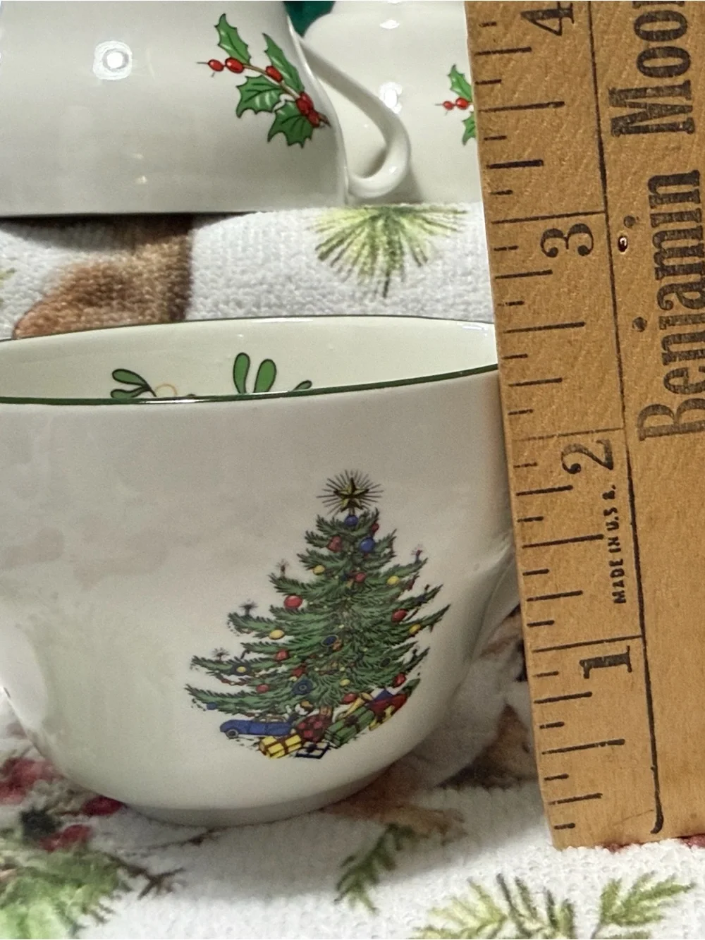 Holiday Holly Ceramic Teacup - White with Green and Red Holly - Cuthbertsone